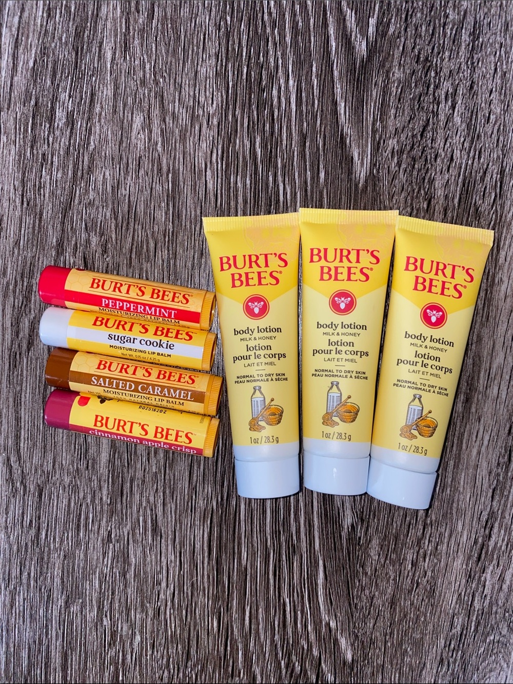 Burt's Bees Body Lotion Set of 3 with Assorted Lip Balm Set of 4